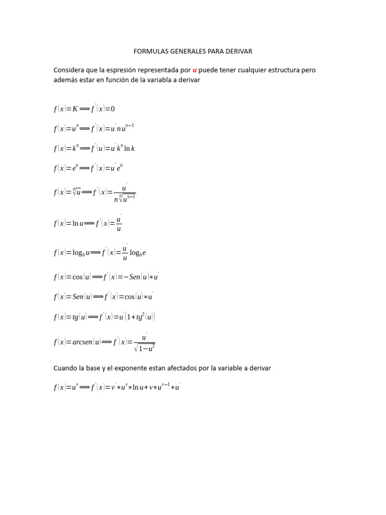 Fórmulas Generales para Derivar | PDF