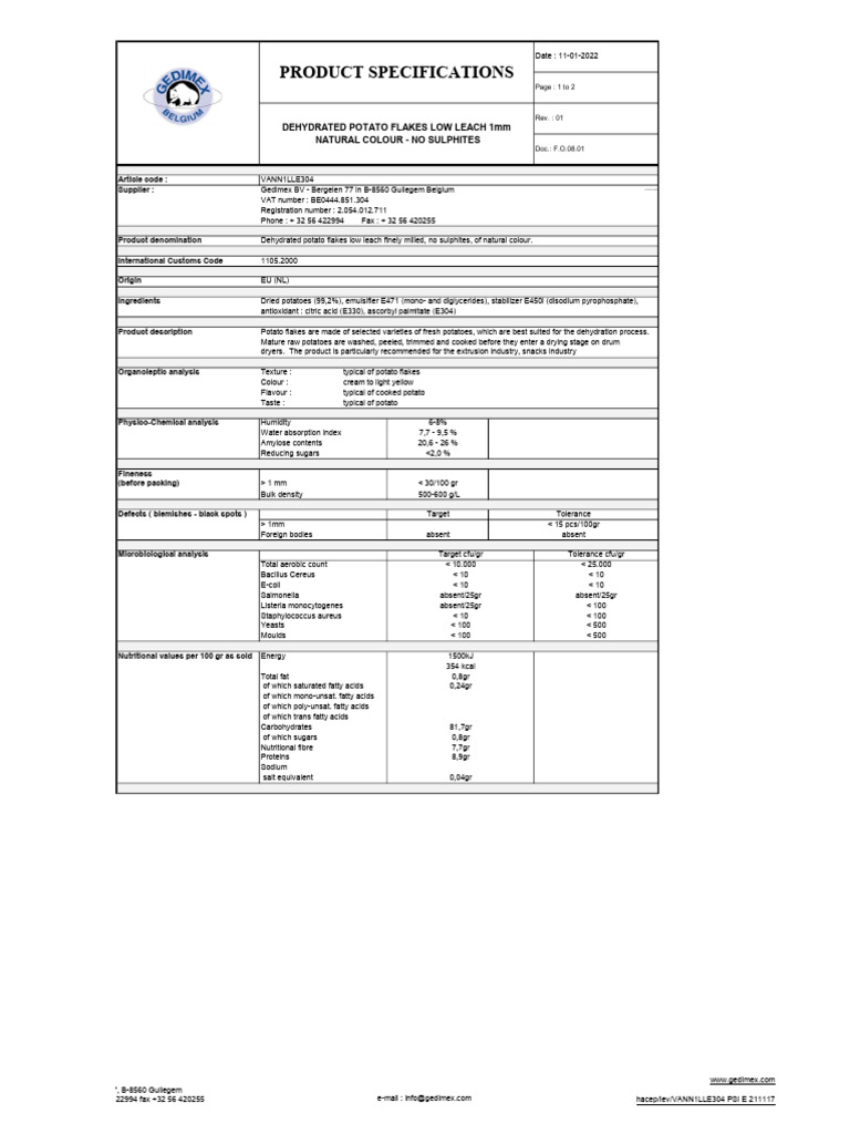 Low Leach 1mm Potato Flakes Specs | PDF | Potato | Foods