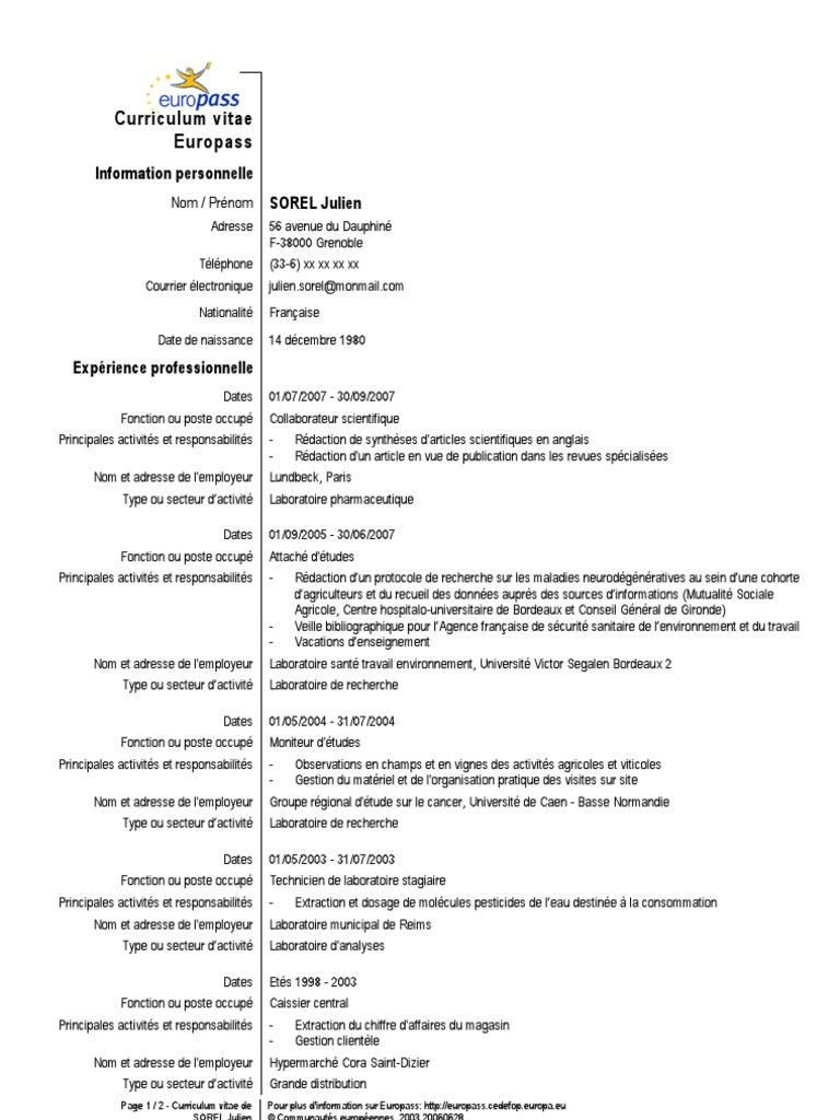 Exemple Cv Europass 3 Pdf Epidemiologie Universite