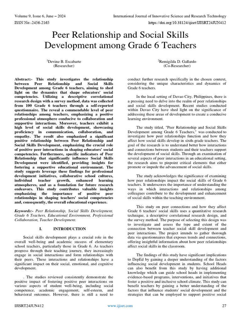Peer Relationships & Social Skills in Teachers | PDF | Survey ...