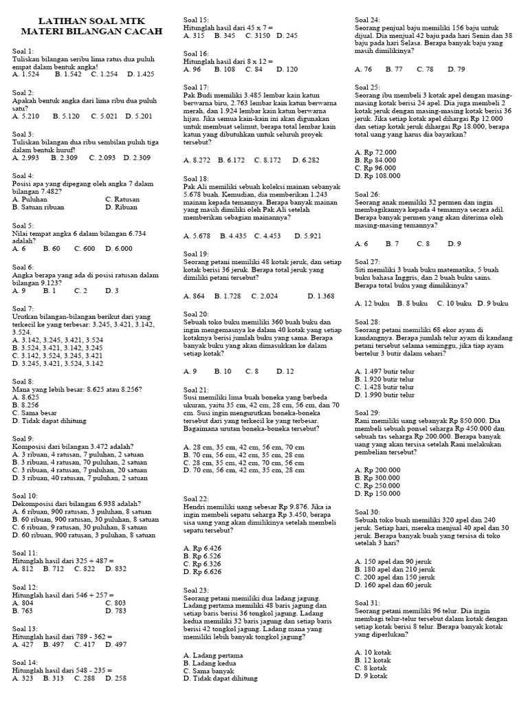 Soal Matematika Bilangan Cacah Kelas 4 | PDF