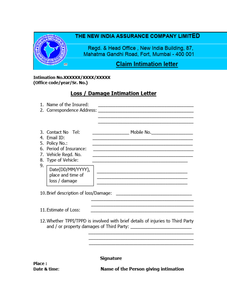 New India Motor Claim Intimation Form | PDF