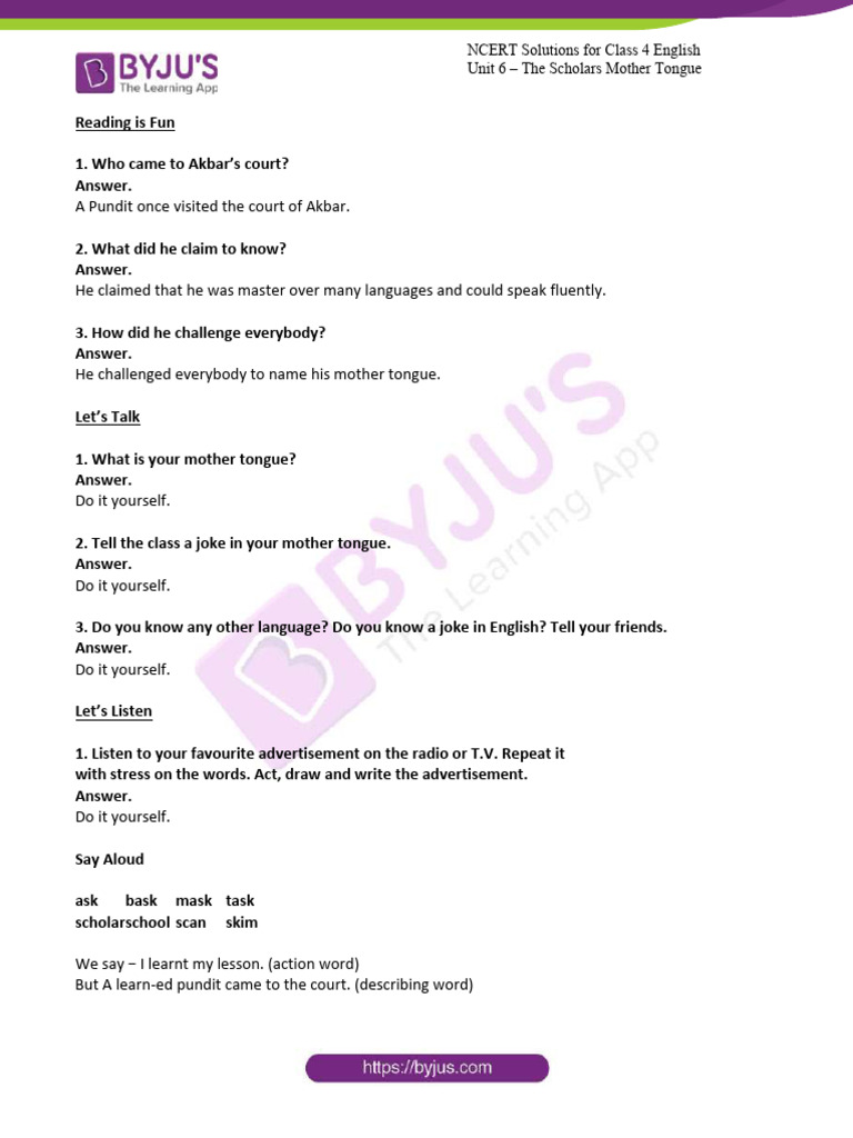 ncert class 4 english unit 6 the scholars mother tongue