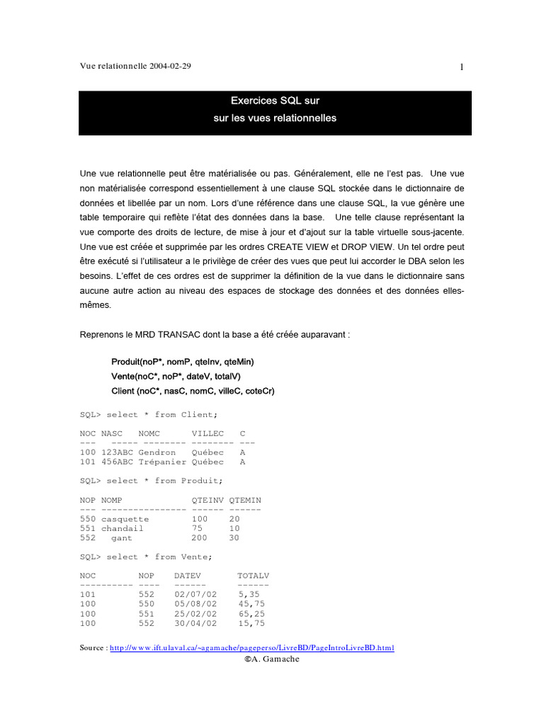 Vues relationnelles et exercices SQL | PDF | SQL | Bases de données