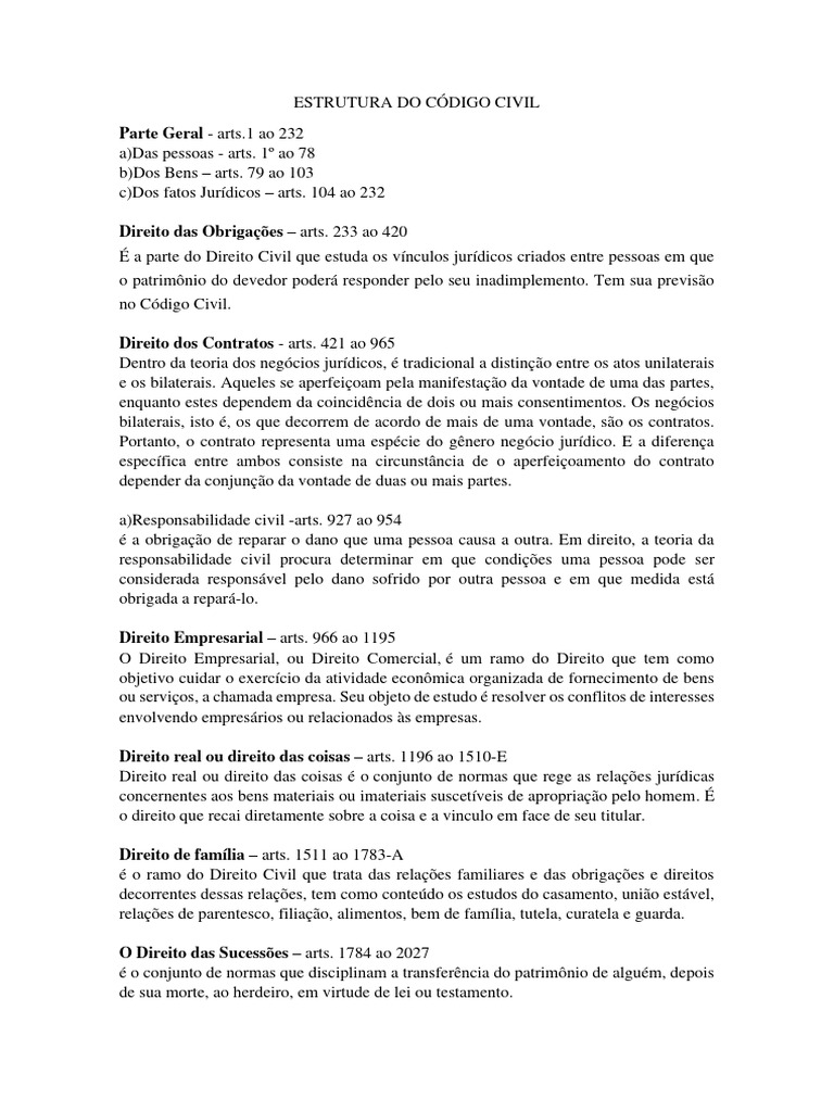 Estrutura do Código Civil Brasileiro | PDF | Lei das Obrigações | Família
