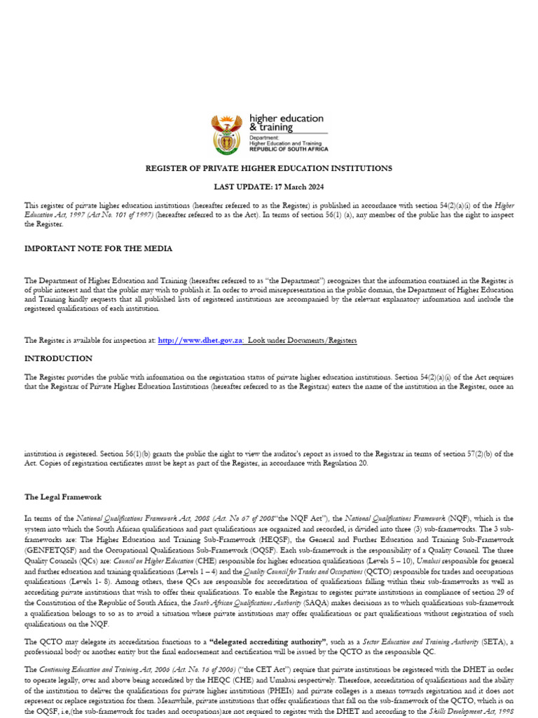 Register of Private Higher Education Institutions 17 March 2024 | PDF |  Academic Degree | Academic Certificate