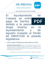 El Ayuntamiento de Coslada se enfrenta al pago de fuertes deudas debido a la pasividad de Ángel Viveros en el Ayuntamiento y de Agustín Guisado al frente de EMVICOSA la pasada legislatura.