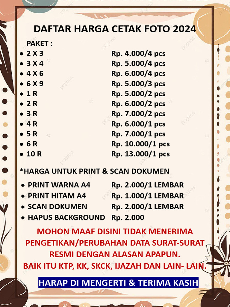 Daftar Harga Cetak Foto 2024 | PDF
