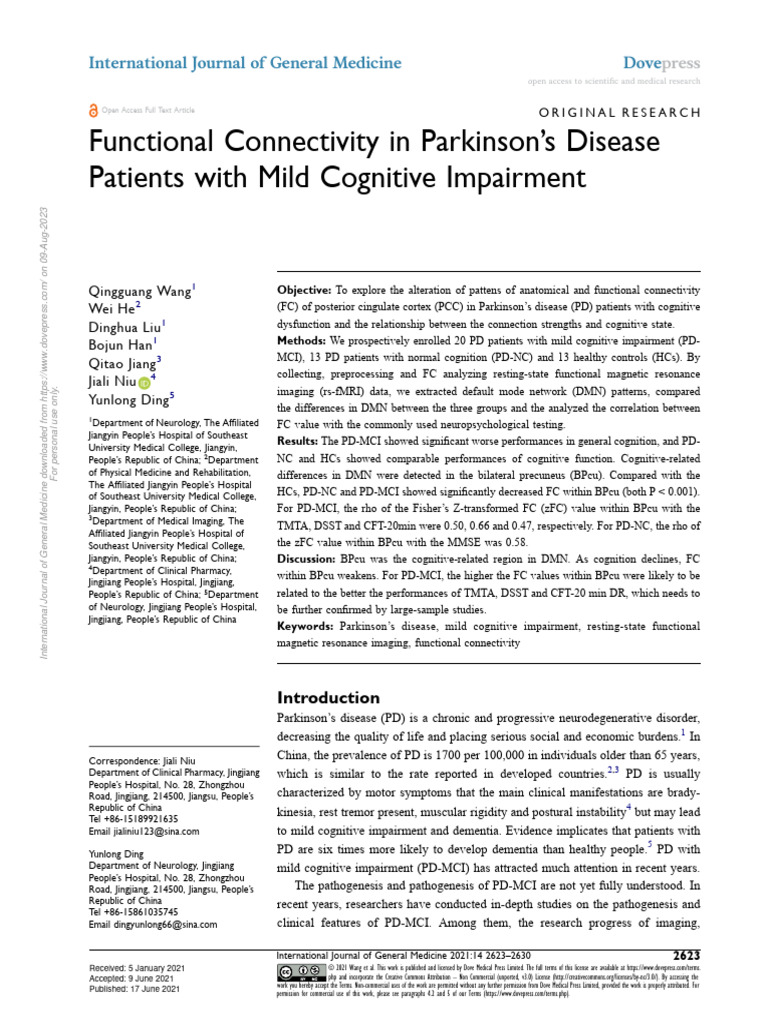 Wang Et Al Functional Connectivity in Parkinson's Disease | PDF ...
