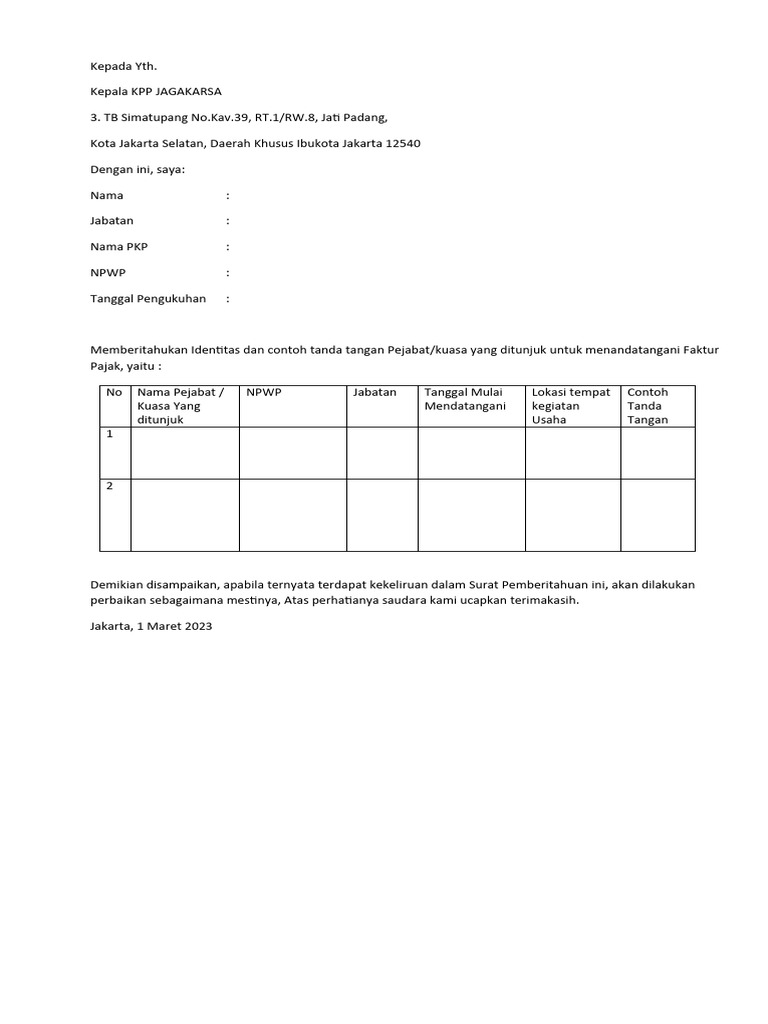 Pemberitahuan Identitas Pejabat SPFP | PDF