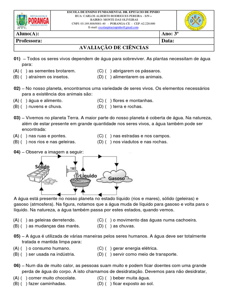 Prova de Ciências 3º Ano 10-06-2024 | PDF | Terra | Geleira