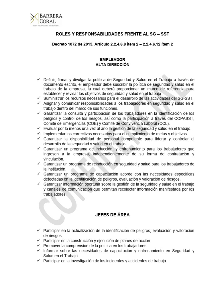 Roles en el Sistema de Gestión SST | PDF | Seguridad y salud ...