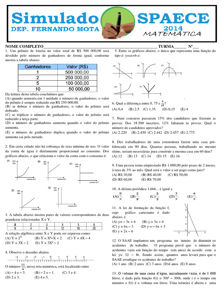 Simulado 1 Ano Download Grátis Pdf Matemática