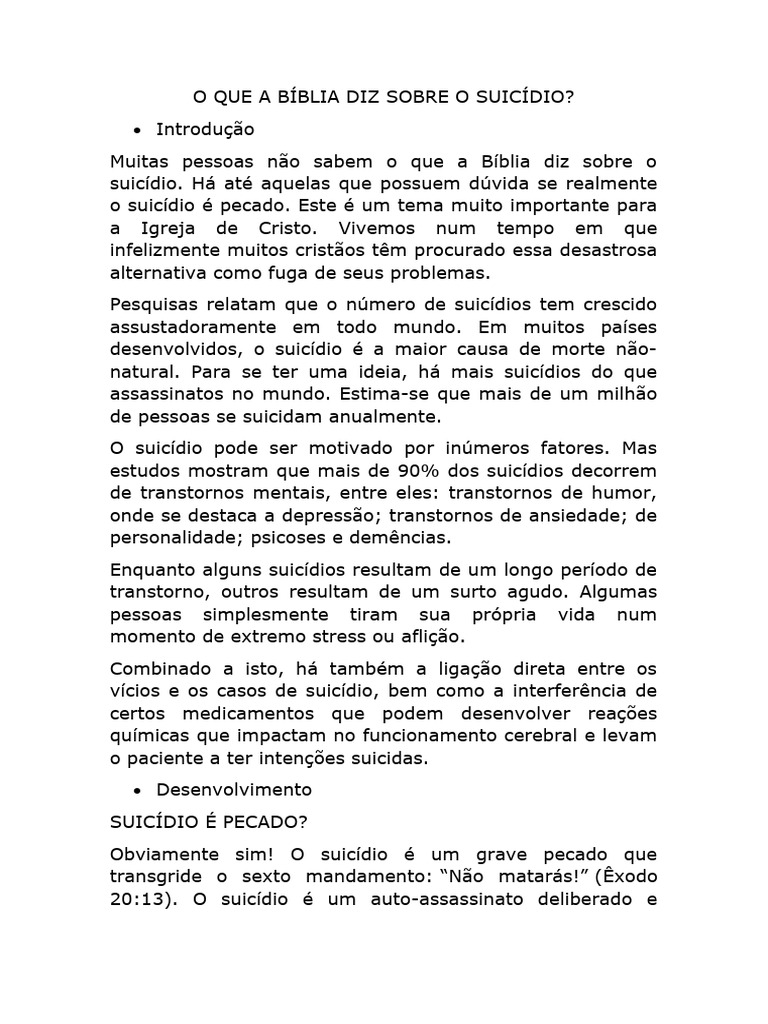 O que a Bíblia diz sobre suicídio | PDF | Suicídio | Pecado