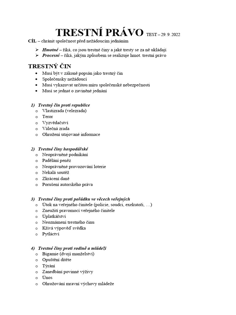Trestní Právo - Test | PDF