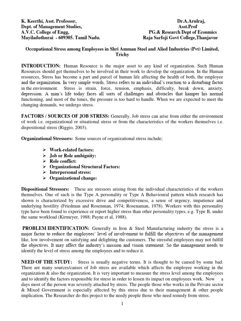 Occupational Stress Among Employees in S | PDF | Occupational Stress ...