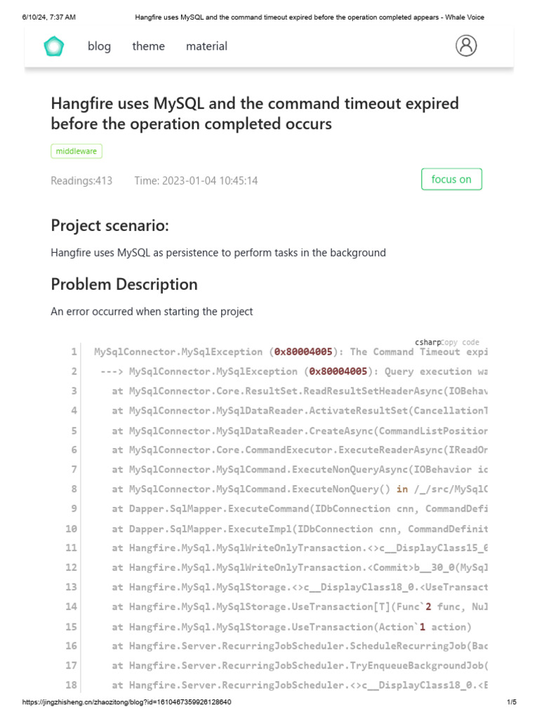 Hangfire uses mysql and the command timeout expired before the