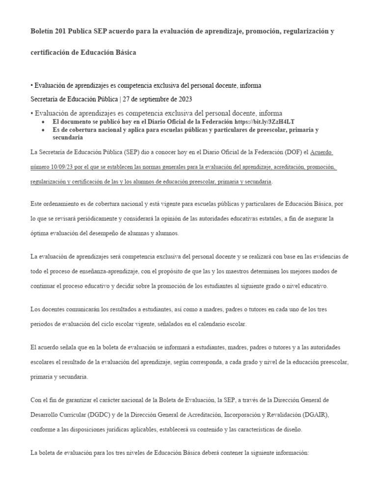 Acuerdo de evaluación vigente SEP | PDF | Educación de la primera ...