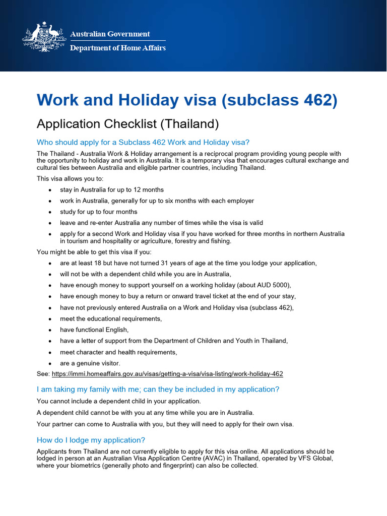 Eng Work And Holiday Visa Subclass 462 Application Checklist
