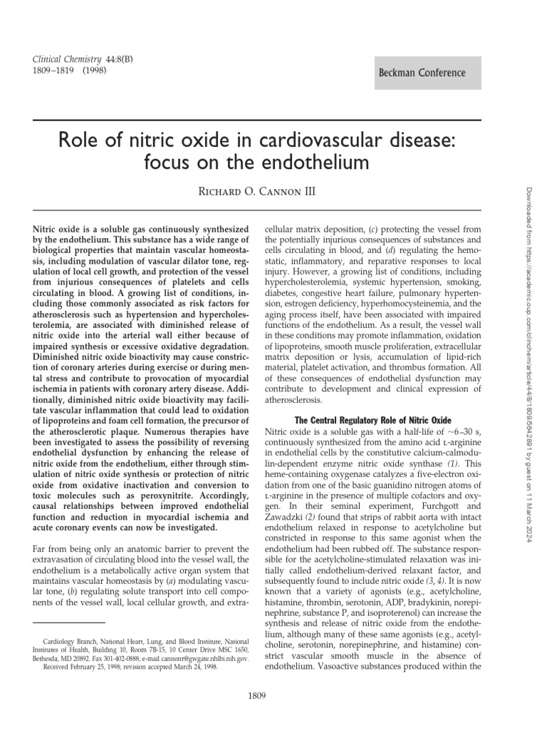 Role of Nitric Oxide in Cardiovascular Disease Focus On The Endothelium ...