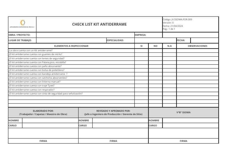CDS-SST-ES-21-FM-02 Check List Kit Antiderrame Ver. 01 | PDF