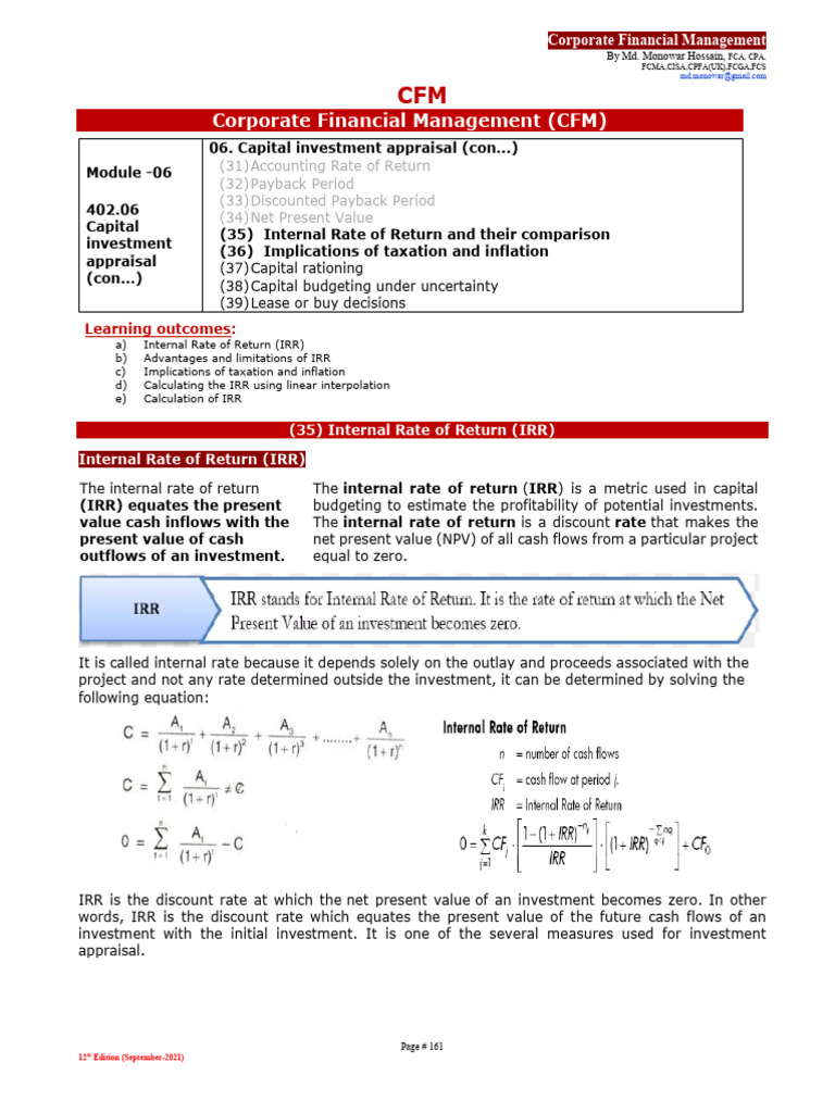 Internal Rate of Return in Capital Budgeting | PDF | Net Present Value ...