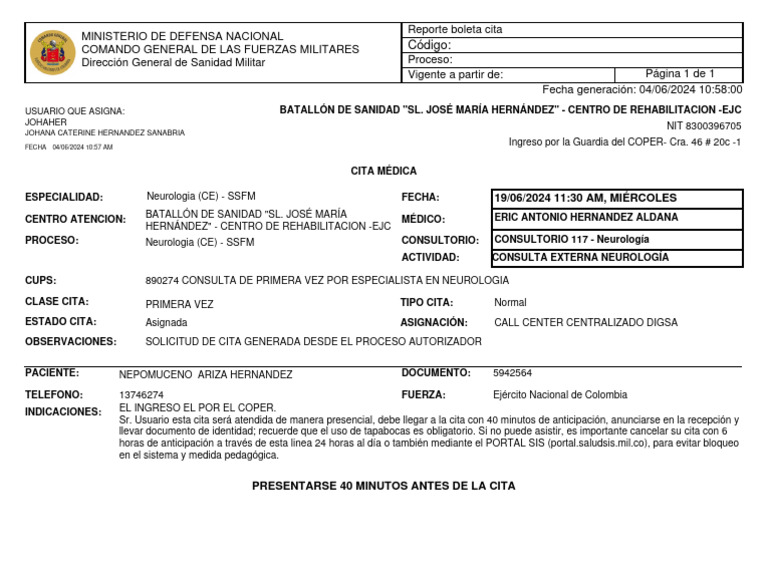 Cita Médica Neurología - 19/06/2024 | PDF