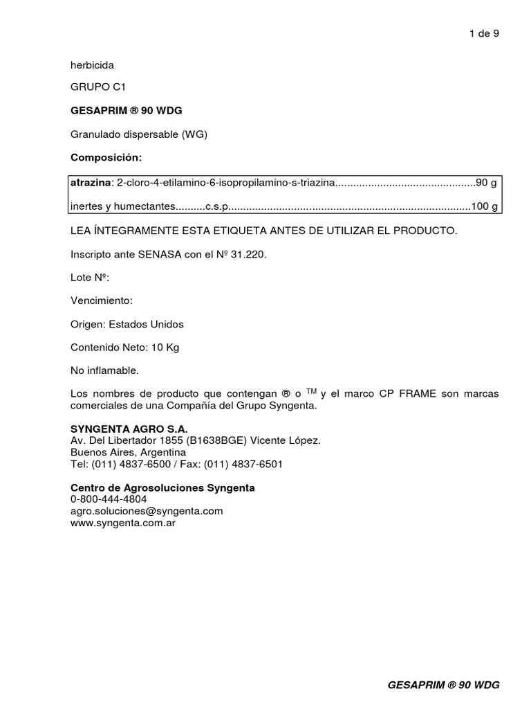 Ficha Técnica de Gesaprim 90 WDG | PDF | Agua | Herbicida
