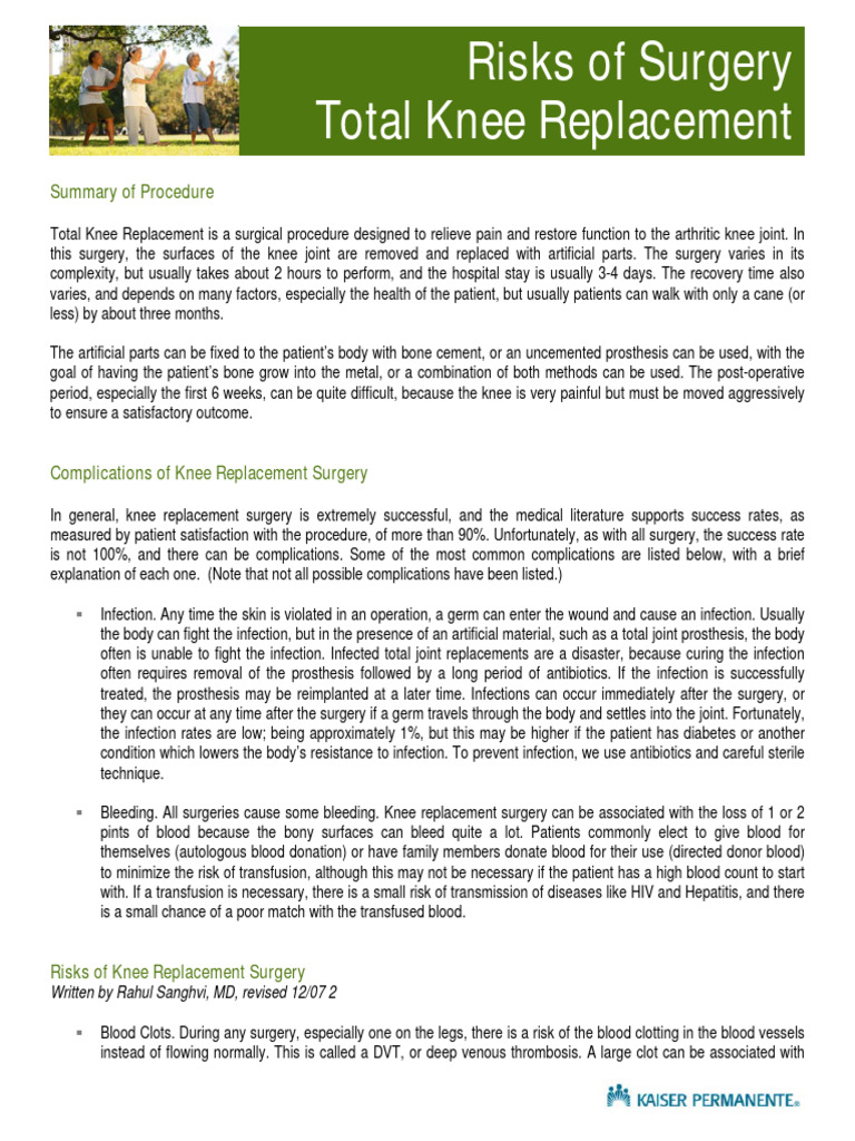 Total Knee Replacement Risks Explained | PDF | Surgery | Thrombosis