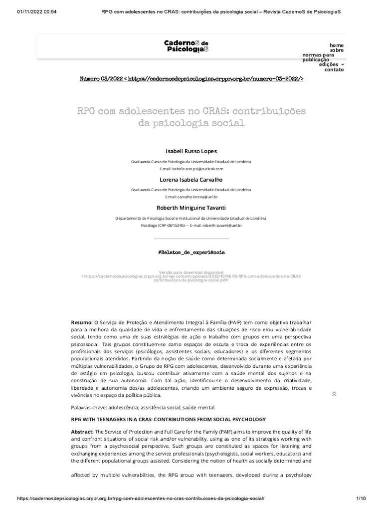 RPG e Saúde Mental de Adolescentes no CRAS | PDF | Saúde mental ...
