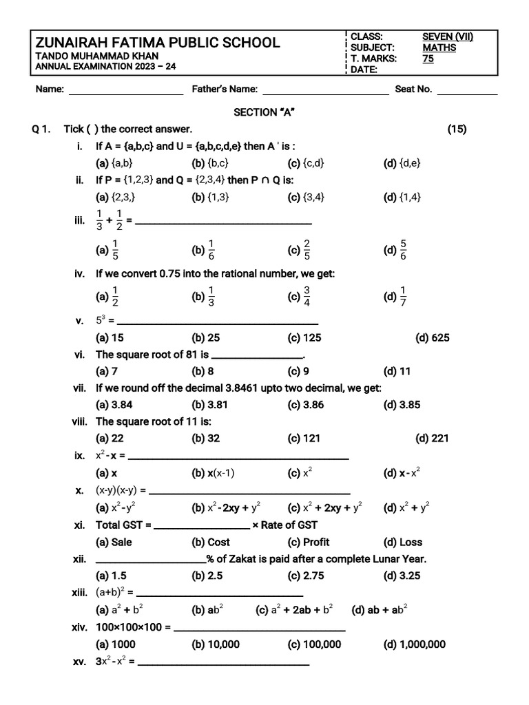 Maths (Seven) Annual 2023-24 | PDF