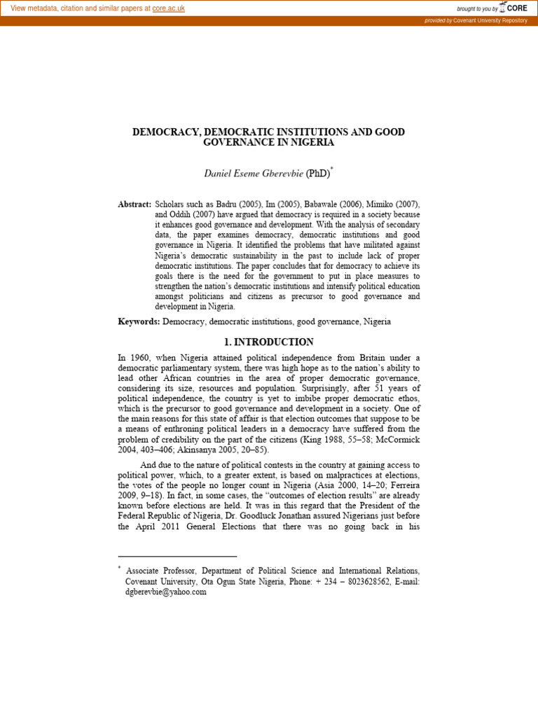 Democratic Institutions and Governance in Nigeria | PDF | Governance ...