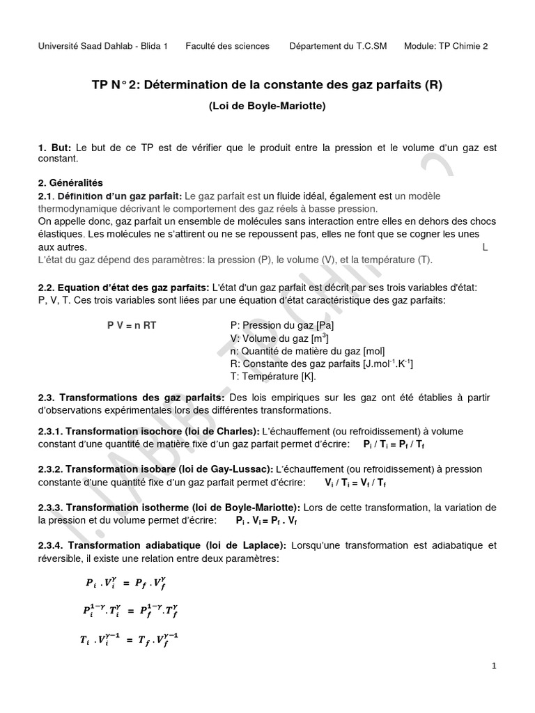 Détermination de la constante des gaz R | PDF | Thermodynamique | Pression