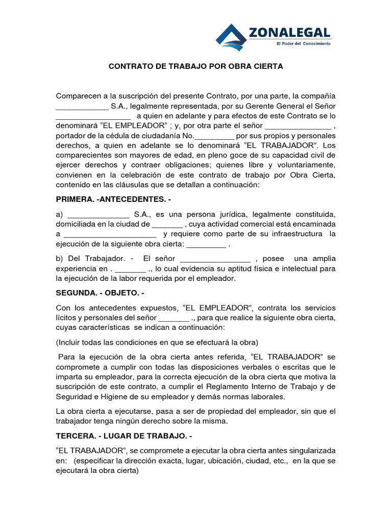 Contrato de Trabajo por Obra Cierta | PDF | Derecho laboral | Salario