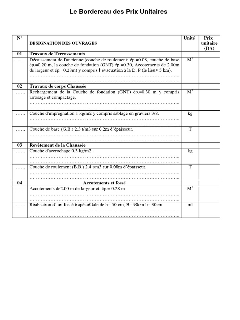 Bordereau des Prix Unitaires GNT | PDF | Paiements | Finance publique