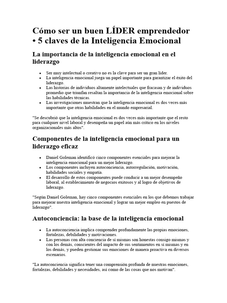 Cómo Ser Un Buen LÍDER Emprendedor - 5 Claves de La Inteligencia ...