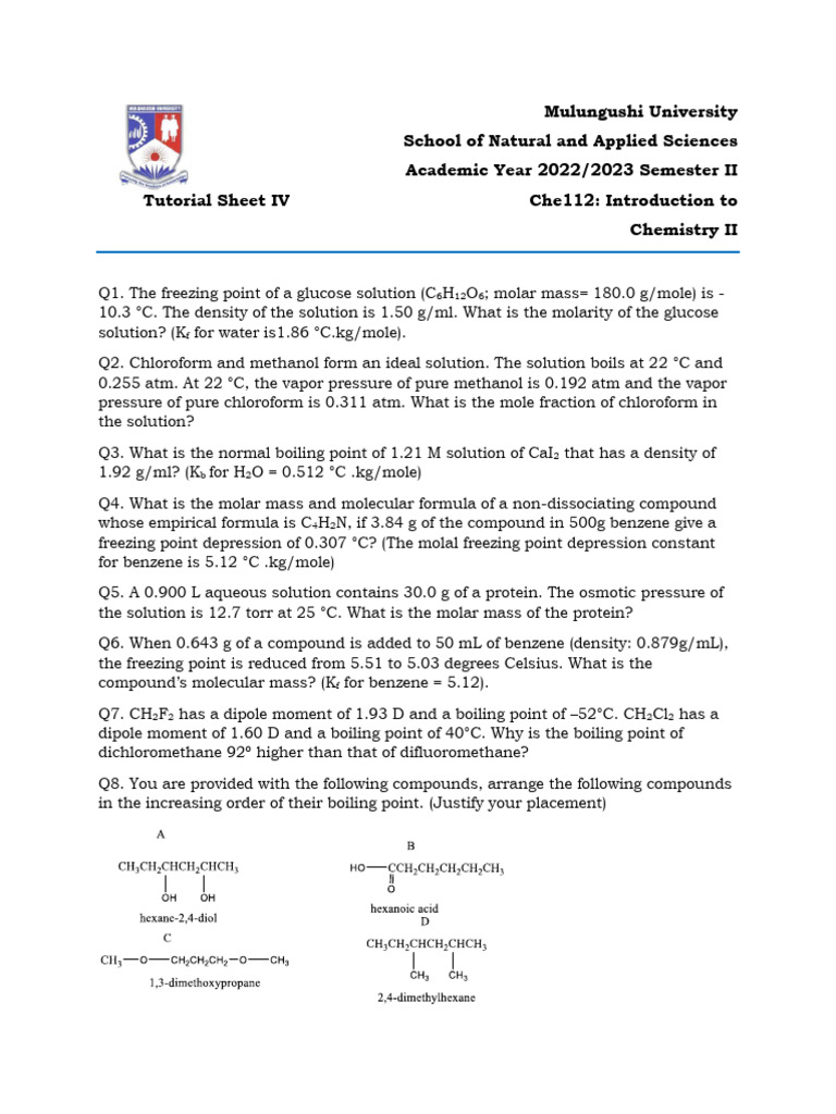 CHE 112 Tutorial Sheet IV 2022 - 2023 | PDF | Water | Phase Diagram