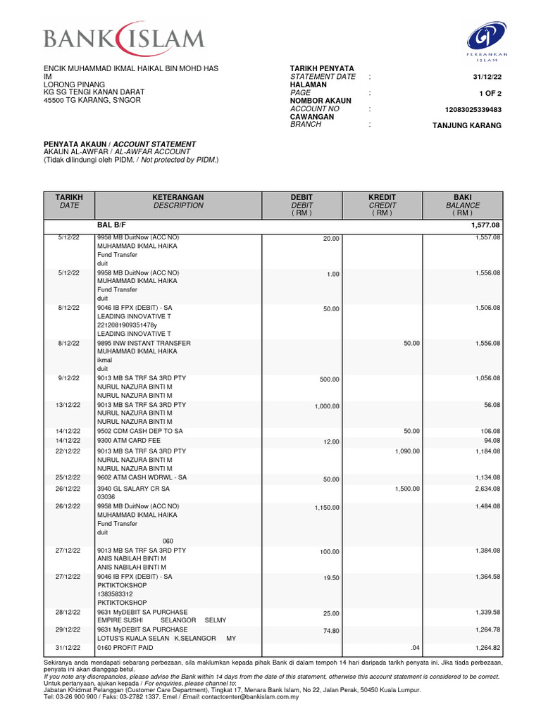Al-Awfar Account Statement Summary | PDF | Money | Service Industries