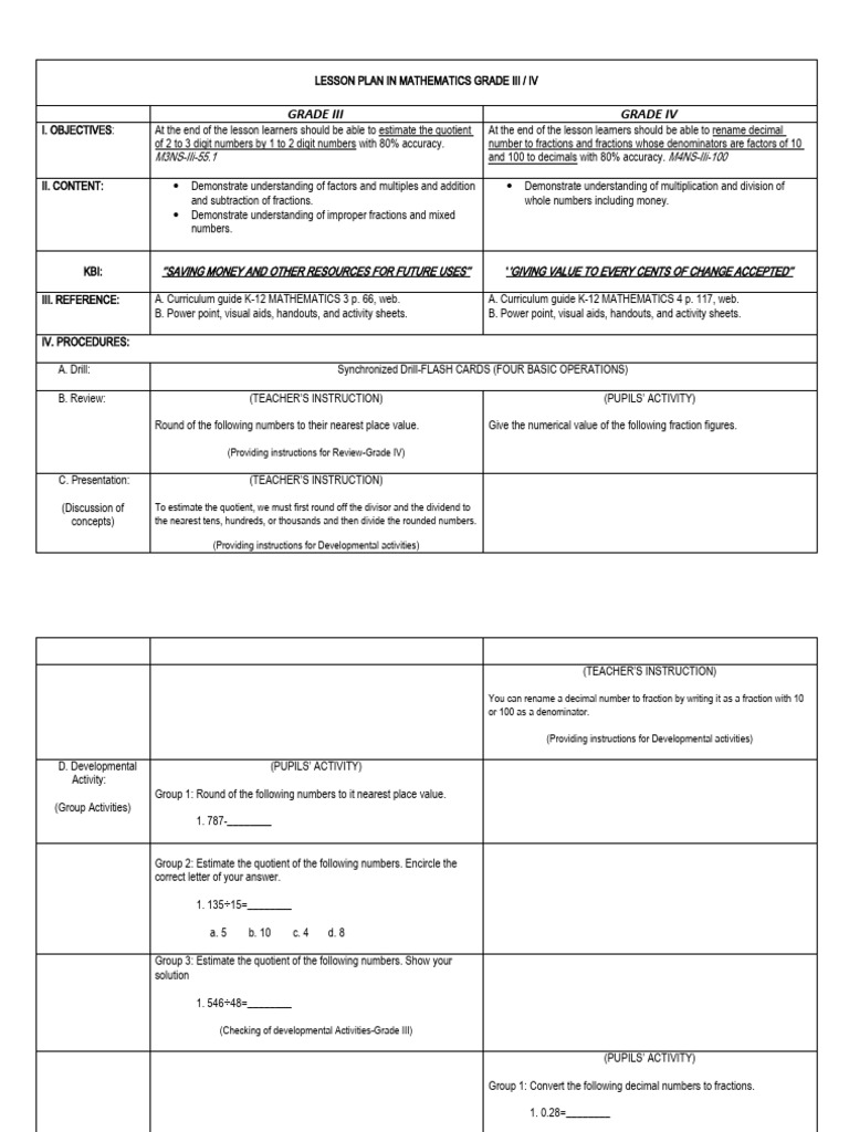 Grade III-IV Math Lesson Plan | PDF | Numbers | Division (Mathematics)