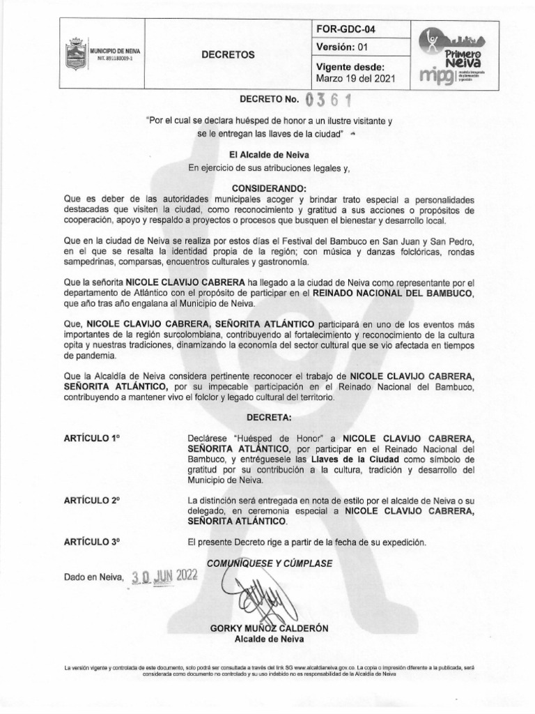 Decreto 0361 Del 30-06-2022 | PDF