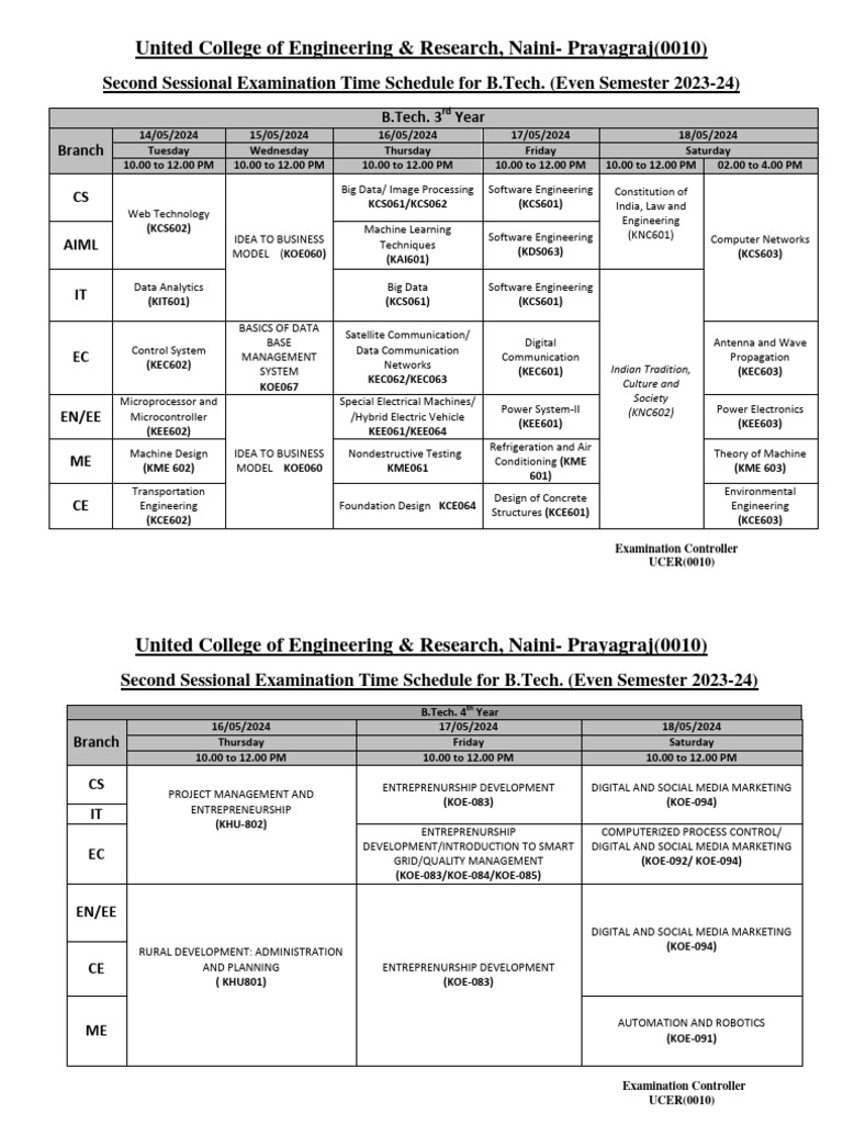 B.Tech Second Sessional Exam Schedule 2023-24 | PDF | Engineering ...