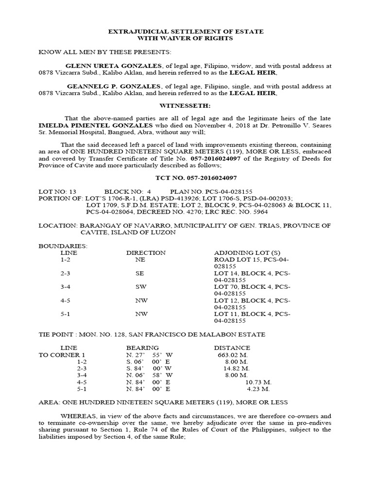 Extrajudicial settlement with waiver of rights glenn gonzales pdf