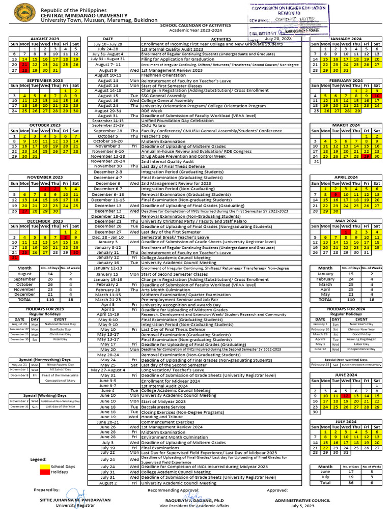 CMU Academic Calendar 20232024 PDF Academia
