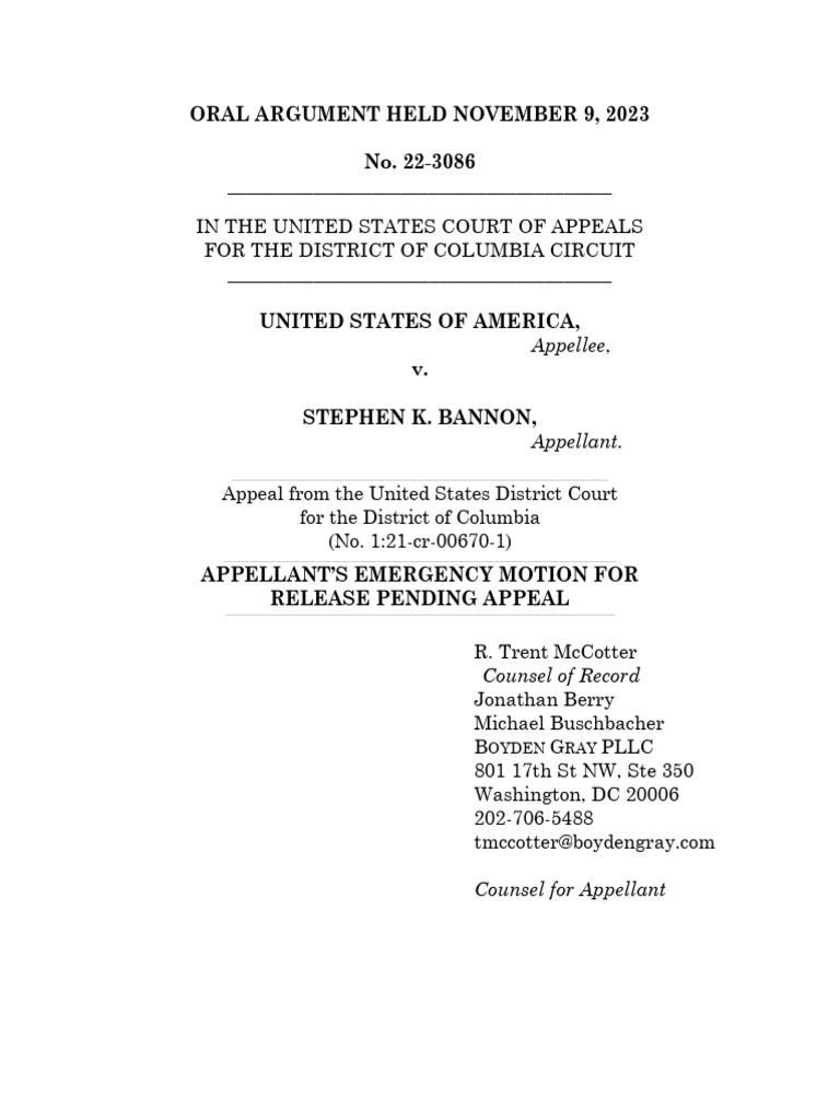Bannon Appeals Jail Sentence Stay | PDF | Supreme Court Of The United ...