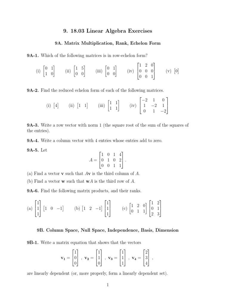Linear Algebra Exercises: Matrices & Vectors | PDF | Eigenvalues And ...
