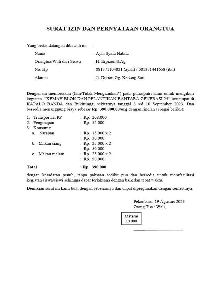Surat Izin Orangtua Hiking Pramuka 2023 | PDF