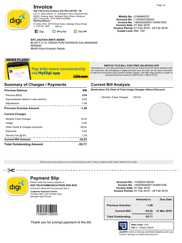 Switch to E-Bill via MyDigi App | PDF | Cheque | Payments