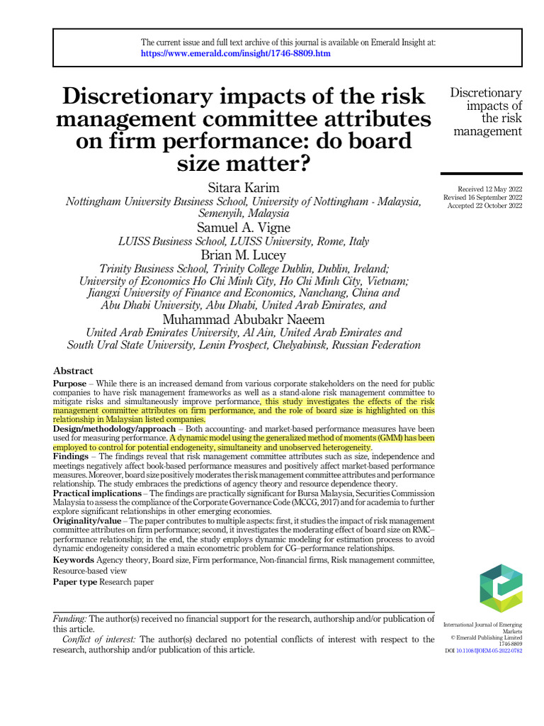 Risk Management Committee Impact on Performance | PDF | Risk | Risk ...