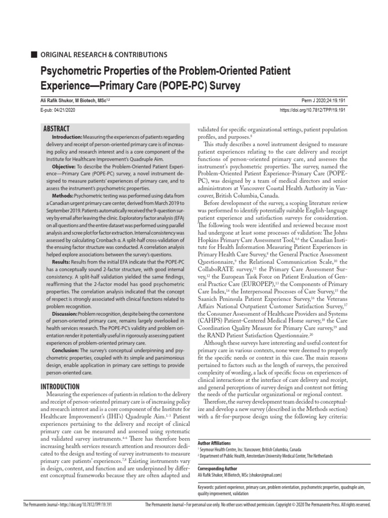 Psychometric Properties of The Problem-Oriented Patient Experience ...
