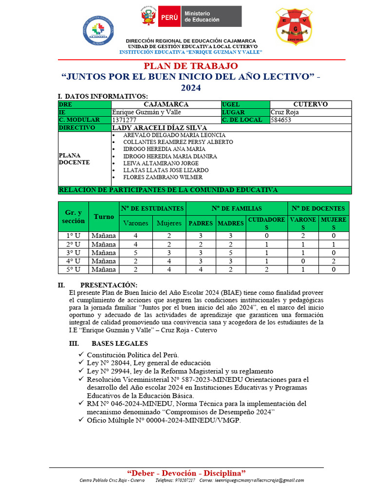 Plan de Buen Inicio Escolar 2024 en Cutervo | PDF | Escuelas